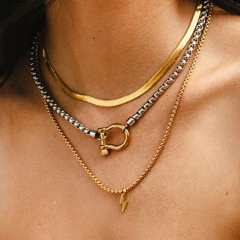 Lightning Pendant, Mixed Metal Necklace, Horseshoe Necklace, Hari Valentine, Stainless Steel Chain Necklace, Layered Necklace Set, Metal Necklace, Waterproof Jewelry, Pearl Chain