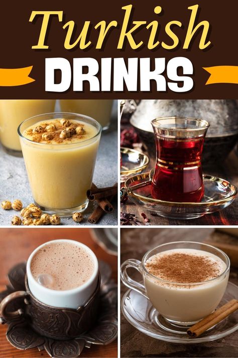 From coffee and tea to unique and colorful cocktails, these Turkish drinks are too good to miss. Some are boozy, others are fruity, and they're all delish! Turkish Drink Recipes, Arabic Drinks, Lebanese Tea, Turkish Tea Recipe, Karak Tea Recipe, Yogurt Drink Recipe, Turkish Apple Tea, Turkish Drinks, Turkish Coffee Recipe