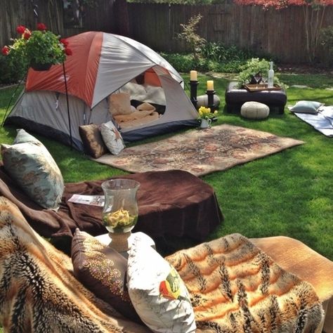 30 DIY Ways To Make Your Backyard Awesome This Summer, Go camping in your own backyard Boho Backyard, Fun Camp, Tent Decor, Glamping Ideas, Tenda Camping, Kids Backyard, Glamping Party, Summer Backyard, Backyard Camping