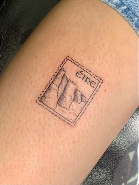 Ireland Postage Stamp Tattoo, Tattoos For Ireland, Tattoos In Irish, Irish Post Stamp Tattoo, Erin Go Bragh Tattoo, Ireland Travel Tattoo, Ireland Outline Tattoo, Irish Themed Tattoos, Northern Ireland Tattoo