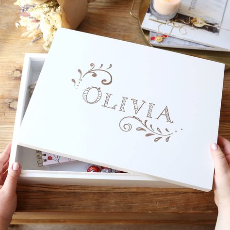 Personalised Vintage Swirls White Wooden Box By Lisa Angel | notonthehighstreet.com Personalised Wooden Box, White Wooden Box, Personalized Keepsake Box, Hamper Box, Painted Wooden Boxes, Memory Boxes, Hamper Boxes, Floral Initial, Wooden Keepsake Box