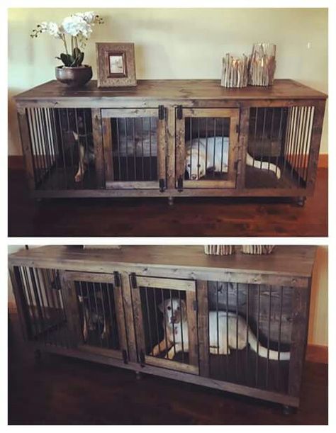 Dog kennel entry way table                                                                                                                                                      More Dog Den, Diy Dog Crate, Wooden Dog Kennels, Dog Kennel Furniture, Diy Dog Kennel, Dog House Diy, Dog Crate Furniture, Diy Dog Bed, Dog Rooms