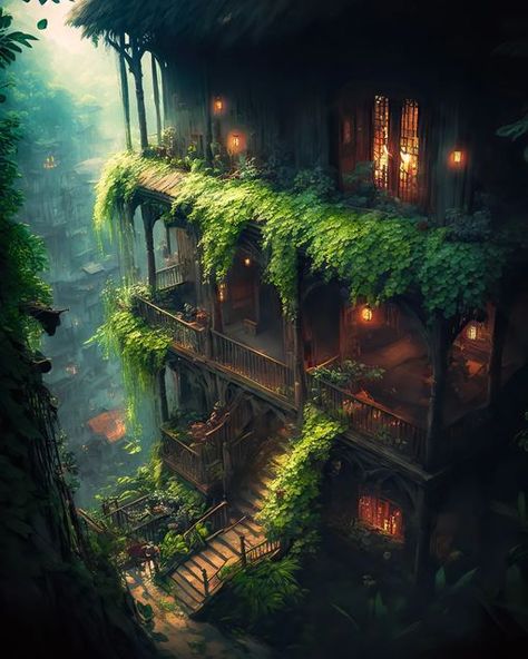 Tree Fantasy Art, House In A Tree, Jungle Villa, Fantasy Jungle, Eco Buildings, Jungle House, Cool Tree Houses, Building Renovation, Fantasy Design