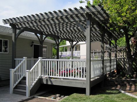 Canyon Grey stain is a timeless color that works beautifully into a landscape design on a timber frame pergola kit. Our heavy duty outdoor structures utilize our The Dovetail Difference™ joint method for superior strength and a minimum of maintenance. All of our DIY solid wood timber frame arbor, gazebo, pavilion and pergola kits come Timber Frame Pergola, Rustic Outdoor Decor, Pergola Curtains, Pergola Swing, Building A Pergola, Rustic Porch, Pergola Lighting, Pergola Canopy, Wooden Pergola