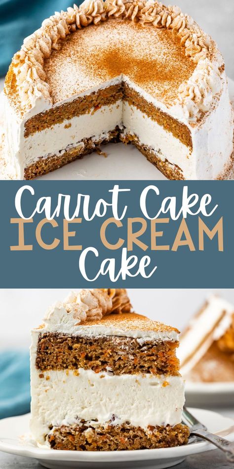 Carrot Cake Ice Cream Cake is a delicious soft carrot cake recipe filled with cream cheese ice cream - this is the perfect ice cream cake recipe! Ice Cream Carrot Cake, Carrot Ice Cream Cake, Carrot Cake Ice Cream Cake Recipes, Carrot Cake Ice Cream Recipe, Cheesecake Ice Cream Cake, Ice Cream Cake Recipe Homemade, Carrot Cake Ice Cream, Cream Cheese Ice Cream, Layered Ice Cream Cake