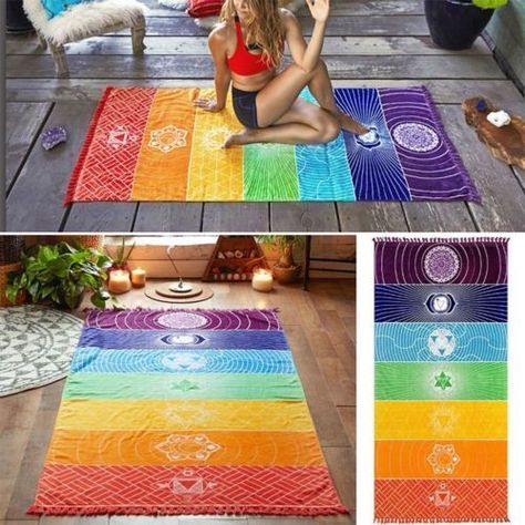 Single Rainbow Chakra Tapestry Towel Mandala Hippie Boho Stripes Travel Yoga Mat Kids Sports Bedroom, Mandala Blanket, Indian Wall Decor, Mandala Tapestries Wall Hangings, Yoga Blanket, Rainbow Beach, Towel Rug, Rainbow Blanket, Hippie Tapestry