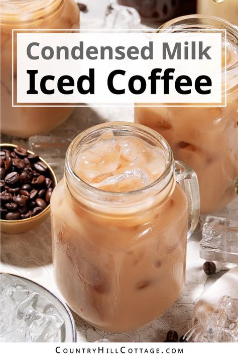 Treat yourself to a sweetened condensed milk iced coffee for a refreshing caffeine boost! The recipe requires only 2 ingredients (plus ice) and is super easy to make. Condensed milk iced coffee is a refreshing caffeinated drink on a hot day. It tastes equally as delicious as you'll get at any coffee shop and comes for a fraction of the cost! You can make it with cold brew, brewed coffee, vanilla, mocha, caramel, peppermint, pumpkin pie spice and many more flavor. | CountryHillCottage.com Condensed Milk Iced Coffee, Milk Caramel Recipe, Blended Coffee Recipes, Make Condensed Milk, Condensed Milk Coffee, Caramel From Condensed Milk, Coffee With Condensed Milk, Cold Coffee Drinks Recipes, Easy Iced Coffee