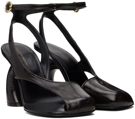 Dries Van Noten: Brown Patent Heeled Sandals | SSENSE Patent Heels, Leather Heels Sandals, Current Fashion, Dries Van Noten, Dark Brown Leather, Logo Stamp, Heeled Sandals, Leather Heels, Ankle Strap