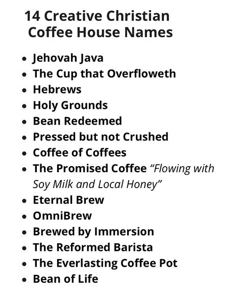 Simple Coffee Menu Ideas, Cute Coffee Shop Names, Church Cafe Ideas, Christian Coffee Shop Ideas, Christian Cafe Ideas, Christian Coffee Shop Names, Christian Restaurant, Christian Coffee Shop, Cafe Names Ideas