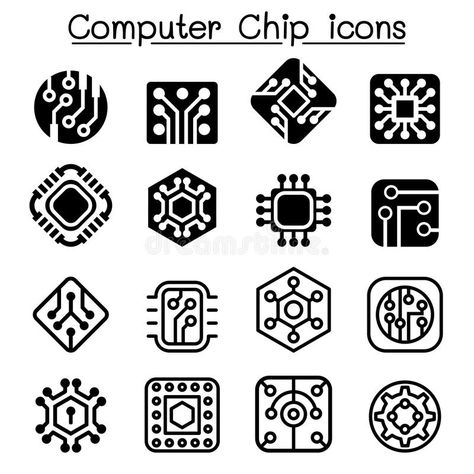 Computer Chips and Electronic Circuit icons vector illustration Circuit Board Tattoo, Electronic Logo, Circuit Logo, Dots To Lines, Technology Design Graphic, Tech Tattoo, Cyberpunk Tattoo, Computer Logo, About Computer