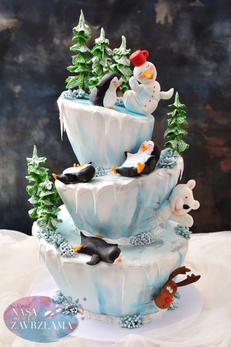 Funny Winter Cake by Nasa Mala Zavrzlama Winter Themed Cake, Painted Birthday Cake, Winter Torte, Extreme Cakes, Teddy Bear Cake, Christmas Themed Cake, Penguin Cakes, Christmas Cake Designs, Bear Cake