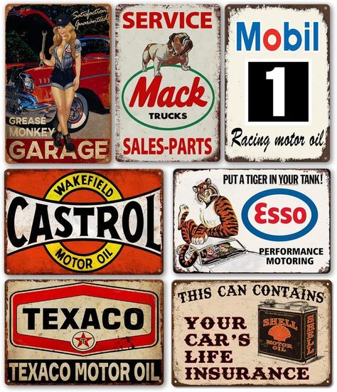 Vintage Metal Garage Signs for Men, Gas Station Tin Signs, Man Cave Decor Old Car Signs Shop Sign Oil Decor Motorcycle Posters Auto Gasoline Wall Decorations Bar Kitchen Accessories 7 Pces 8×12 Inch Metal Garage, Metal Garages, Motorcycle Posters, Car Signs, Garage Signs, Sign Man, Cave Decor, Vintage Tin Signs, Man Cave Garage