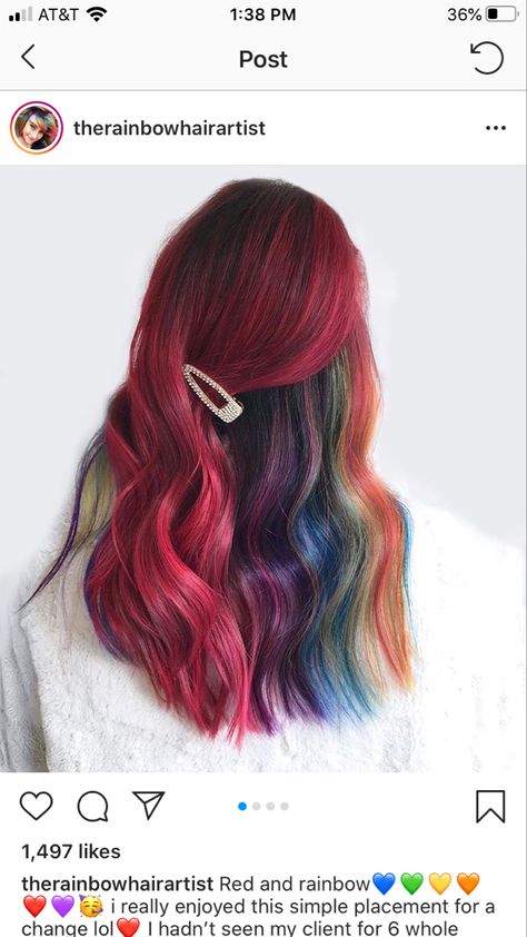 Hair Red Underneath, Galaxy Hair Color, Hidden Rainbow Hair, Multicolor Hair, Galaxy Hair, Inspo Hair, Rainbow Hair Color, Colourful Hair, Hair Dyes