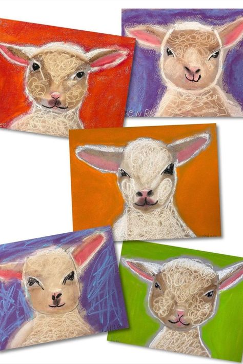 Five drawings of lamb faces with different color backgrounds. The art was creating using chalk pastels. Chalk Pastel Art For Kids, Cute Lambs, Homeschool Art Projects, Winter Art Lesson, Chalk Pastel Art, Art Plan, Animal Art Projects, 2nd Grade Art, Fall Art Projects