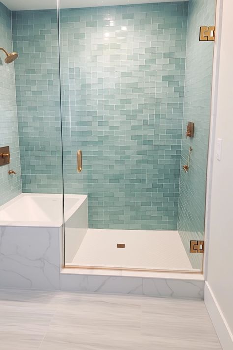 Non Glass Shower Ideas, Seaglass Shower Tile, Beachy Bathroom Tile, Bathroom Tile Coastal, Seaglass Tiles Bathroom, Coastal Bathroom Remodel Ideas, Aquamarine Bathroom Ideas, Beachy Shower Tile Ideas, Sea Glass Bathroom Ideas