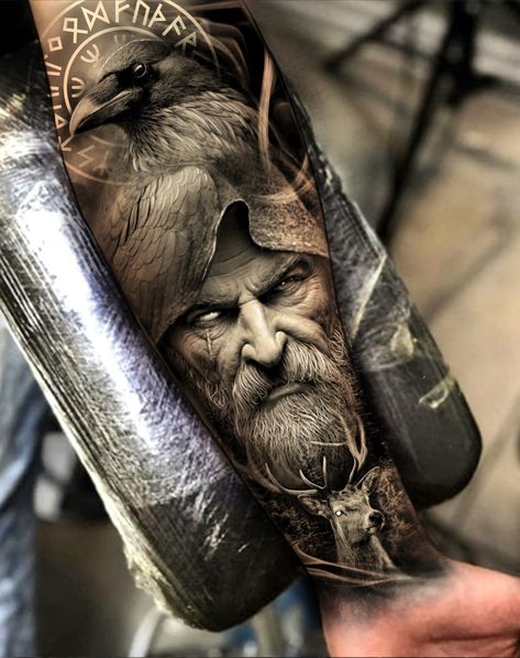 Odin Realistic Tattoo, Viking Ship Tattoo Sleeve, Thor Tattoo Norse Mythology, Viking Tattoo Ideas For Men, Nordic Arm Tattoo, Odin Tattoo Design, Warrior Tattoos For Men, Odin Face, Viking Sleeve