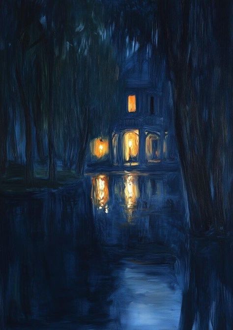 Photography And Painting, Vincent Van Gogh Paintings Wallpapers, Dark Gouache Painting, Night Aesthetic Painting, Night Digital Painting, Deep Blue Aesthetic, Nighttime Painting, Dark Blue Painting, Atmospheric Drawing