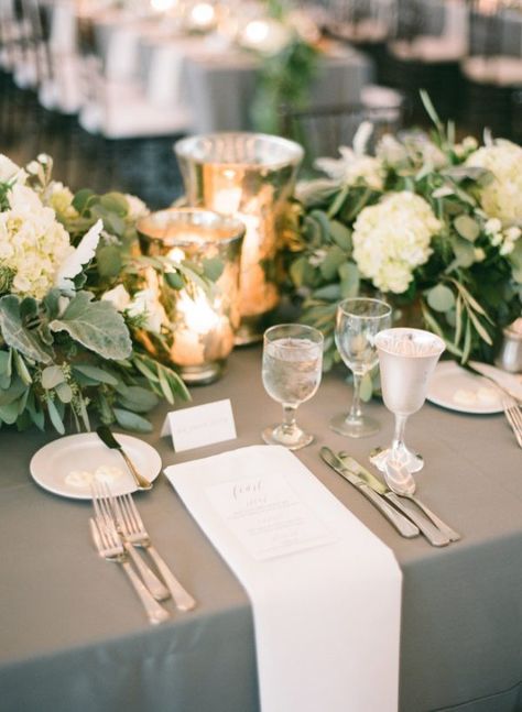 Elegant Wedding Place Settings And Napkin Dressing Inspiration Silver Wedding Decorations, Flowers Candles, Yacht Club Wedding, Wedding Place Settings, Wedding Table Flowers, Dusty Miller, Gold Candles, Wedding Table Decorations, Surprise Party