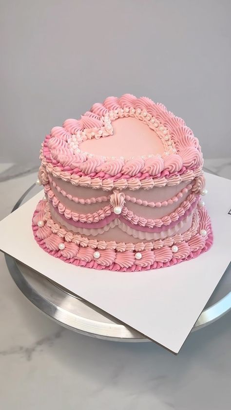 Flour and Flair | I’ll never get tired of pink cakes 💖                                          #buttercreamcake #vintagecakedesign  #vintagecakes… | Instagram Pink Heart Shaped Vintage Cake, Vintage Frilly Cakes, Fancy Heart Cake, Cute Cakes For Birthday, All Pink Cake, Cute Cakes Birthday, Heart Pink Cake, Cute Bday Cakes, Pink Heart Birthday Cake