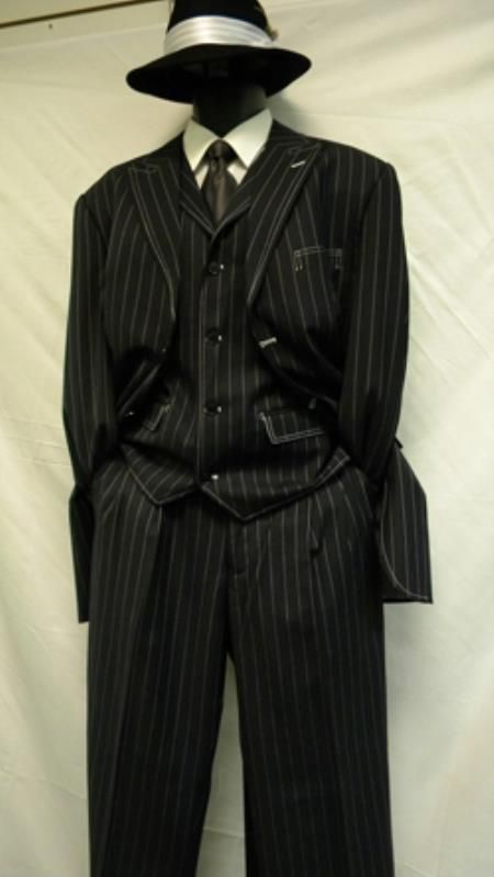 Zoot Suit By Milano Moda Navy White Gangster Stripe 3 Piece $139.00 AT vintagedancer.com 1920s Suit, Gangster Suit, 1940s Mens Fashion, 1920s Mens Fashion, Gangster Style, Zoot Suit, Stylish Suit, Vintage Suits, Pinstripe Suit