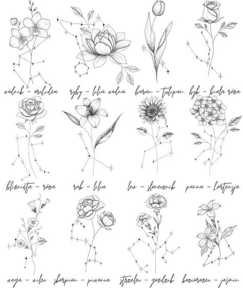 Birth Flower Constellation Tattoos, Birth Month Flower And Constellation Tattoos, Leo Birth Flower Tattoo, Zodiac Tattoos Pisces, Pisces Star Constellation, Constellation Lion, Chrysanthemum Flower Tattoo, Pisces Constellation Tattoo, Pisces Constellation