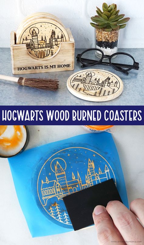 Hogwarts Wood Burned Coasters | artsy-fartsy mama Harry Potter Laser Cut Ideas, Wood Coaster Ideas, Wood Burning Gift Ideas, Wood Burned Coasters, Wood Burning Projects, Wood Coasters Diy, Wood Burning Ideas, Wood Burned Gifts, Harry Potter Gifts Diy