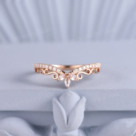 Natural Morganite Curved Wedding Band Marquise Rose Gold Diamond Band Vintage Wedding Band Moissanite Stacking Matching Chevron Band Custom PRODUCT SUMMARY Metal Type: yellow, white or rose solid 10K/14K or 18k gold. Size: All sizes are available, contact me if they do not contain the size you want in the drop-down menu. ☪☪Wedding band ⚜Stone - Natural Morganite Cut - Marquise  Weight - 0.14ct Color - Light Pink ⚜Stone - Moissanite or natural diamond Cut - Round Weight - 0.18ct  Clarity - SI-VS Wedding Ring Goals, Morganite Wedding Band, Wedding Band Marquise, Rose Gold Diamond Band, Stacked Wedding Bands, Cute Engagement Rings, Gold Diamond Band, Rose Gold Accents, Vintage Wedding Band