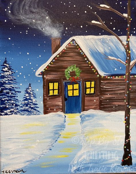 Winter Cabin (Members Bonus Tutorial For December) Winter Drawings, Christmas Canvas Art, Wine And Canvas, Christmas Paintings On Canvas, Painting Canvases, Canvas Painting Tutorials, Holiday Painting, Winter Cabin, Winter Painting