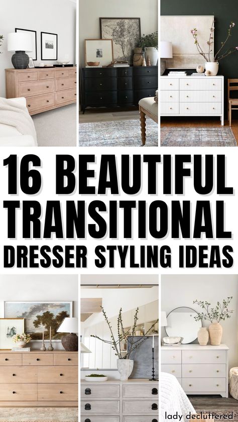 16 Beautiful Transitional Dresser Styling Ideas Decorating Bedroom Ideas Master Dressers, How To Style A Dresser Top Minimalist, Boho Dresser Top Decor, Two Dresser Bedroom Layout, Styling Your Dresser Top, Styling The Top Of A Dresser, Vanity Dresser Decor, Dresser Design Ideas Modern, Decorating Dressers Top