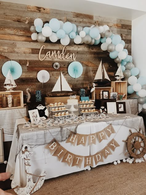 Boat First Birthday Party, Sailor First Birthday, Nautical Boy Baby Shower Ideas, Baby Shower Nautical Theme Boy, Sailing Into One Birthday, Ship Birthday Party Ideas, Nautical First Birthday Boy, Nautical 1st Birthday Boy, Nautical Birthday Decorations