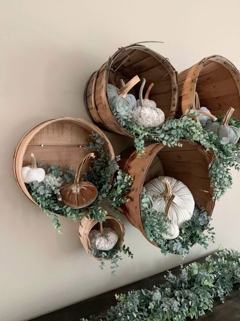 Fall Store Decorating Ideas, Fall Decor For Boutique, Baskets On The Wall Decor, Fall Decor Display Ideas, Ideas For Baskets Decorating, Fall Greenery Wall, Basket Wall With Greenery, Basket Of Pumpkins Decor, Baskets Decor Ideas