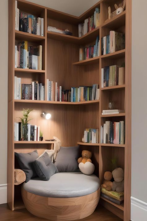 #homedecor, #interiordesign, #homedesign, #decor inspiration Cosy Library Room, Library Corner Living Room, Bedroom Reading Corner Ideas, Corner Library Bookshelves, Small Book Nook Ideas, Corner Bookshelves Bedroom, Corner Bookshelves Living Room, Small Reading Corner, Small Library Room