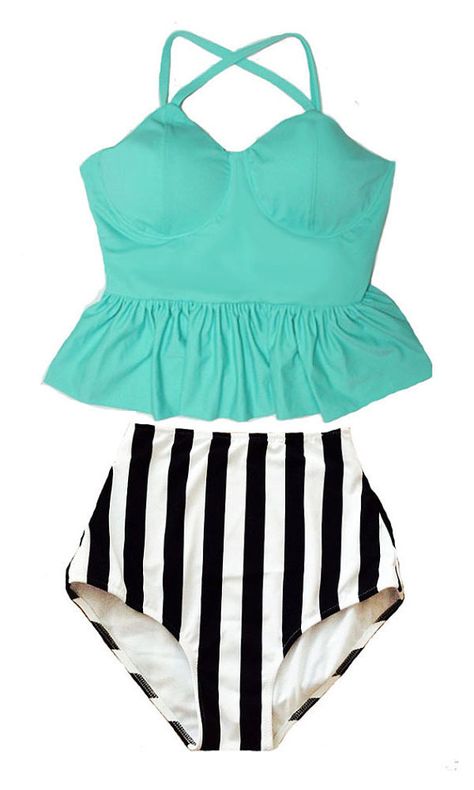 MInt Green Long Peplum Straps Top and Stripe High Waist Waisted Swimsuit Swimsuits Swimwears Bikini Bikinis set Bathing Swim suit S M L XL Peplum Swimsuit, Peplum Tankini, Bathing Suit Dress, High Waisted Bathing Suits, Cute Bathing Suits, The Perfect Guy, Halter Tops, Cute Swimsuits, Swimsuits High Waisted