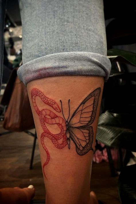 Japan Snake Tattoo, Snake Tattoo On Hand, Snake Tattoo On Arm, Arm Snake Tattoo, Butterfly Thigh Tattoo, Snake Tattoo Meaning, Small Snake Tattoo, Butterfly Tattoo Ideas, Unique Butterfly Tattoos