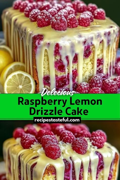 A delightful balance of tart and sweet, this Raspberry Lemon Drizzle Cake features juicy raspberries baked into a soft, lemony cake, topped with a luscious lemon glaze. Raspberry Yogurt, Lemon Drizzle Cake, Lemon Bundt Cake, Drizzle Cake, Raspberry Recipes, Lemon Drizzle, Lemon Glaze, Yogurt Cake, Lemon Raspberry