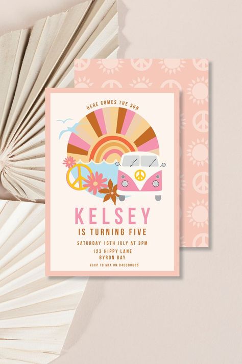 Hippie Kids, Hippie Birthday, Boho Party, Retro Girls, Boho Theme, Birthday Invitations Kids, Invitation Sizes, Peace Sign, Invitation Design