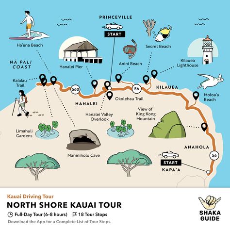 Shaka Guide's North Shore Kauai Driving Tour Itinerary Kauai North Shore, Kauai Map, North Shore Kauai, Kapaa Kauai, Princeville Kauai, Hawaii Trip Planning, Kauai Travel, Oahu Vacation, Kauai Vacation