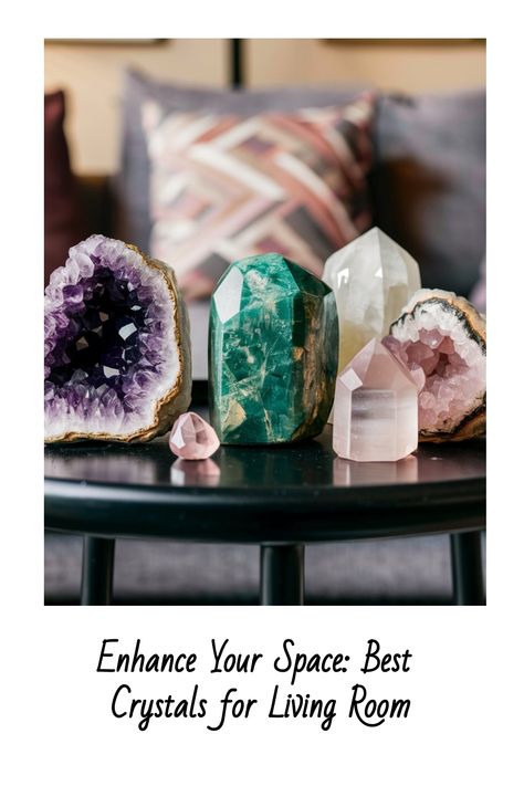 Collection of various crystals on a table in a living room. New Home Crystals, Crystals For The Living Room, Crystals For Living Room, Crystals Bathroom, Crystal Setup, Decorating With Crystals, Spiritual Living Room, Healing Room Decor, Positive Energy Crystals