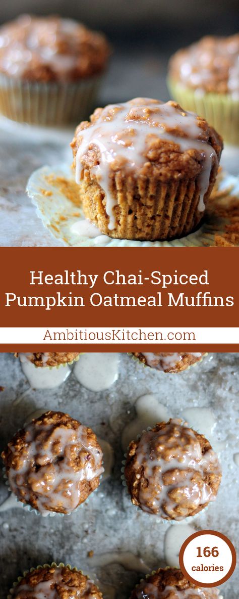 Healthy Chai-Spiced Pumpkin Oatmeal Muffins with a lovely cream cheese vanilla bean glaze! Pumpkin Cardamom Muffins, Healthy Pumpkin Oatmeal Muffins, Healthy Pumpkin Oatmeal, Vanilla Bean Cream, Pumpkin Oatmeal Muffins, Recipes Illustration, Chai Spices, Moist Muffins, Best New Recipes