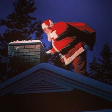 Santa going down the chimney Santa Flying Over Houses, Santa Chimney Illustration, Santa Going Down The Chimney, Santa Coming Down The Chimney, Santa Down The Chimney, Santa In Chimney, Santa Chimney, Xmas Decorations Outdoor, Tips For Winter