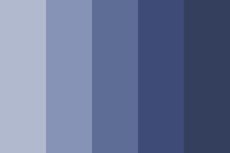 very cool quite literally - blues color palette created by eltsose that consists #b1b9ce,#8693b6,#5e6d96,#3d4b76,#343f5e colors. Blue Eyes Color Palette, Blue Colour Platette, Blue Color Palette Artwork, Dark Blue Shades Colour Palettes, Dark Blue Pantone Palette, Procreate Blue Palette, Blue Eye Color, Dark Blue Eyes, Rustic Outfits