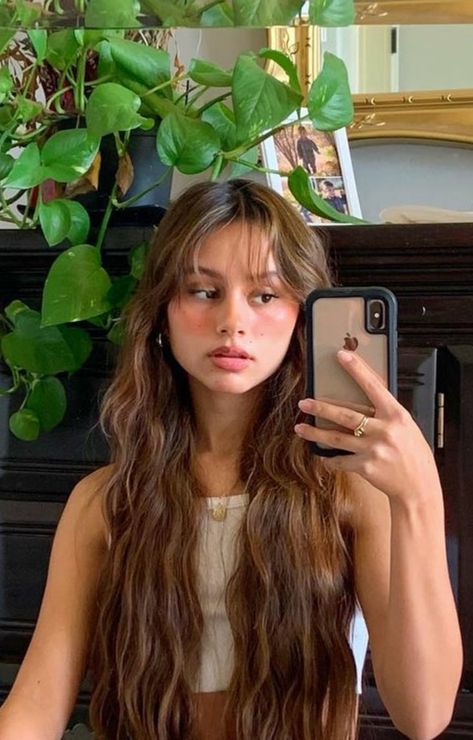 Medium Hair With Wispy Curtain Bangs, Curtain Bangs To Cover Forehead, Wispy Long Layered Haircut, Bangs Ideas For Wavy Hair, Very Whispy Front Bangs, Side Wispy Bangs Long Hair, Long Brown Hair Wispy Bangs, Wispy Bangs Brunette Long Hair, Wispy Fringe Bangs With Layers