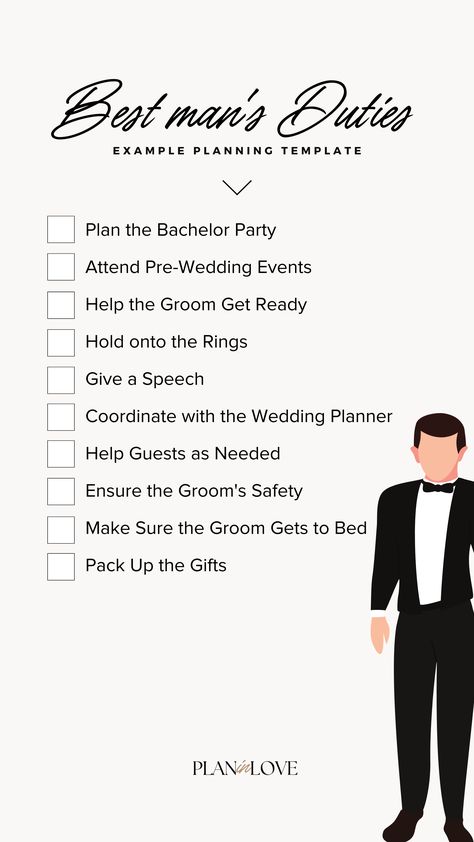 Be the ultimate wingman for the groom with our best man’s duties checklist. Our guide includes everything you need to know, from planning the bachelor party to making a toast at the reception. Don’t miss a beat - check out our guide now! Best Man Checklist, Groomsmen Duties Checklist, Groom Checklist For Wedding, Grooms Wedding Checklist, Best Man Duties Checklist, Groom To Do List For Wedding, Best Man Responsibilities, Wedding Party Checklist, Groom Duties