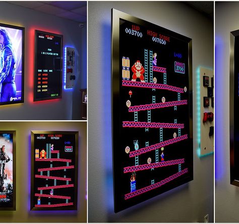 Retro Arcade Game Board Wall Mounted Arcade, Home Theater Game Room, Old School Arcade Games, Theater Game Room, Framing A Basement, Poster Boards, Retro Games Room, Home Theater Installation, Retro Arcade Games