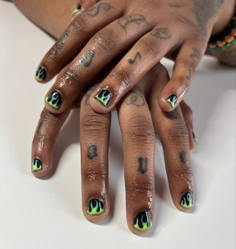 Flame Nails Green, Flame Nails Men, Chromakopia Outfits, Green Flame Nails, Masc Nails Designs, Fun Gel Nails, Masc Nails, Short Mail, Men Nail