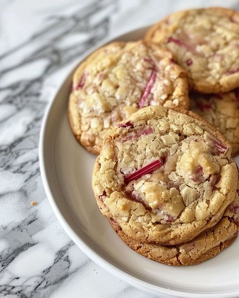 Rhubarb Cookies With Frosting, Rhubarb Cookies Recipes, Rubarbe Oatmeal Cookies, Rhubarb Oatmeal Cookies, Rhubarb Cookies Taste Of Home, Strawberry Rhubarb Slab Pie, Easy Rhubarb Recipes, Rhubarb Desserts Recipes, Rhubarb Cookies