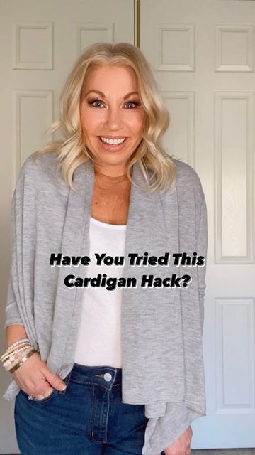 Jamie / Courtney / Brandy on Instagram: "The cardigan hack you need to try! Want to make the most out of your existing closet? Use this hack to transform your cardigan for a whole new look. Clothing hack | style tip | style hack | fashion tip | fashion hack | style over 40 | shop your closet #shopyourcloset #styleover40 #fashionover40 #fashionhacks #styletip #clothinghacks #stylehack #fashiontips" Cardigan Style Hack, How To Crop A Cardigan, Cardigan Hacks, Hack Style, Hack Fashion, Shop Your Closet, Cool Outfit Ideas, Diy Clothes Hacks, Clothes Hacks