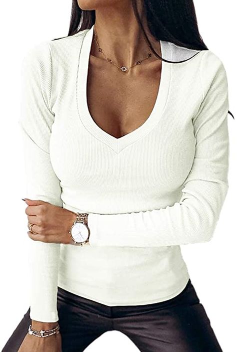 Long Sleeve V Neck Tshirt, Fitted White Long Sleeve Shirt, V Neck Shirts, Shirt Tunic Top, Shirts Long Sleeve, Cold Outfits, Womens Long Sleeve Shirts, Basic Shirts, Winter 2023