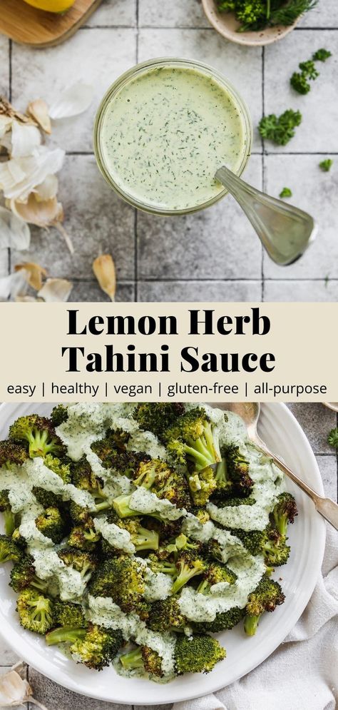 This simple lemon herb tahini sauce recipe tastes amazing with roasted veggies, proteins, grain bowls, and more! It’s an all-purpose, vegan/dairy-free sauce that’s packed with healthy ingredients. Tahini Sauce Recipe, Dairy Free Sauces, Tahini Recipe, Vegan Salad Dressing, Mediterranean Meals, Healthy Sauces, Grain Bowls, Salad Dressing Recipes Homemade, Lemon Herb