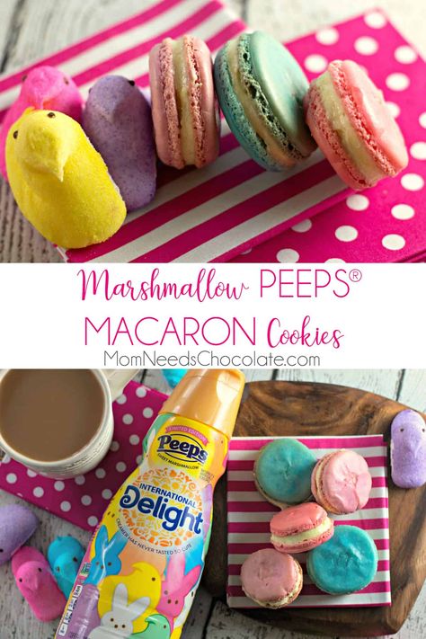 Marshmallow PEEPS® Macaron Cookies | Sweet marshmallow cream filled macaron cookies, perfect for spring! #addcolortoyourcup @walmart @indelight #ad #sofab #internationaldelight #coffeecreamer #macaron #macarons #peeps #marshmallow #marshmallowmacarons #cookies #easter #easterdesserts #eastertreats #eastercrafts #spring #springcrafts Cookie Biscuits, Spring Foods, Peeps Marshmallow, Spring Candy, Biscuits Recipes, Kid Friendly Dessert, Spring Food, How To Make Marshmallows, Marshmallow Peeps